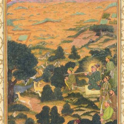  Shah Jahan Hunting Deer Beneath a Flowering Pomegranate Tree : An Exquisite Tapestry of Mughal Majesty and Natural Wonder!