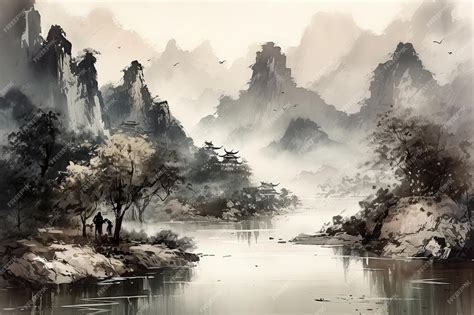 The Mountain Spirit, an Ink Wash Landscape Painting Exuding Tranquility and Mystical Essence!